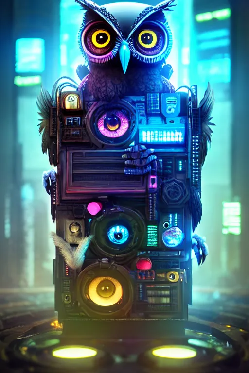 Image similar to high quality 3 d render very cute cyborg owl! with boombox, cyberpunk highly detailed, unreal engine cinematic smooth, in the style of blade runner & detective pikachu, hannah yata charlie immer, moody light, low angle, uhd 8 k, sharp focus