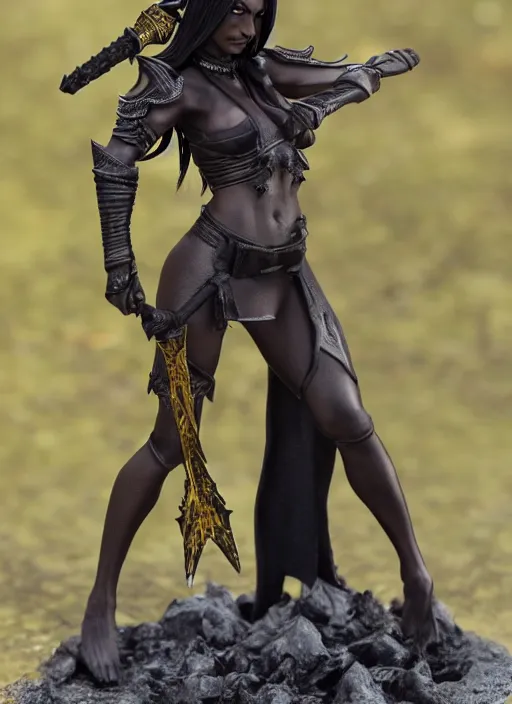 Image similar to 80mm resin detailed miniature of a Dark Elf Female, Dagger, black skin, Product Introduction Photos, 4K, Full body
