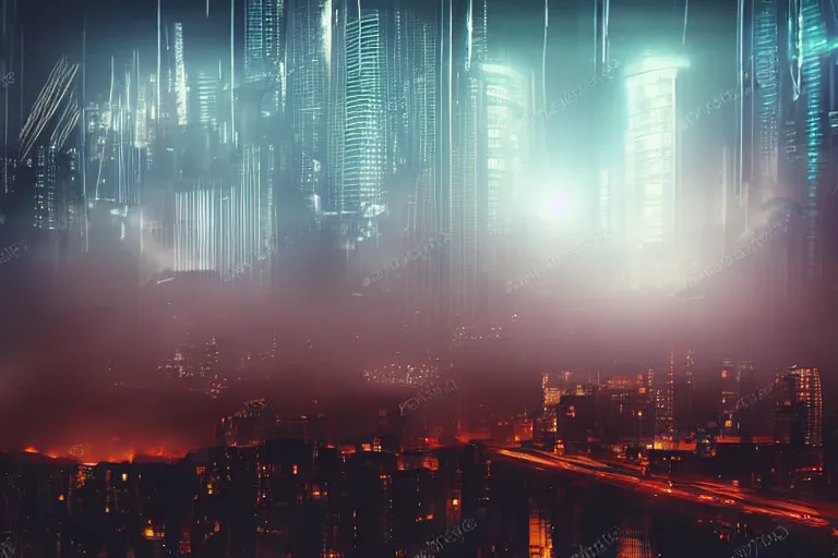Image similar to studio photo of night landscape, cyberpunk city at background behind a fog, realistic