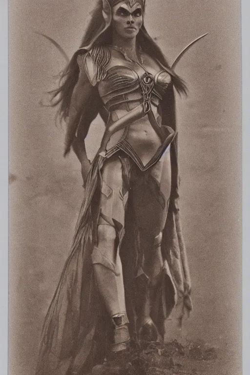 Image similar to she - ra, portrait, full body, symmetrical features, silver iodide, 1 8 8 0 photograph, sepia tone, aged paper, master prime lenses, cinematic