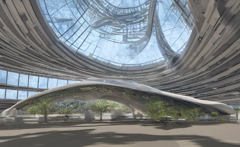 Prompt: futuristic architectural masterpiece dome interior airport with artificial waterfall and trees by frank Lloyd wright and Zaha hadid, detailed, octane render, photo realism, 3D, ray tracing, photo realism, dlsr, 24mm