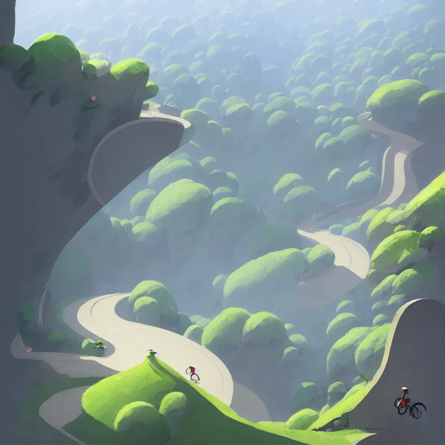 Image similar to Goro Fujita illustrating View from above of a mountain road descending in curves, art by Goro Fujita, concept art, sharp focus, ArtStation