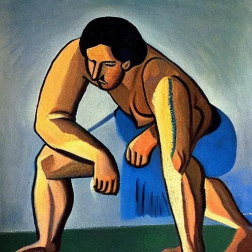 Prompt: jesus christ, deadlifting, heavy weights, pablo picasso painting