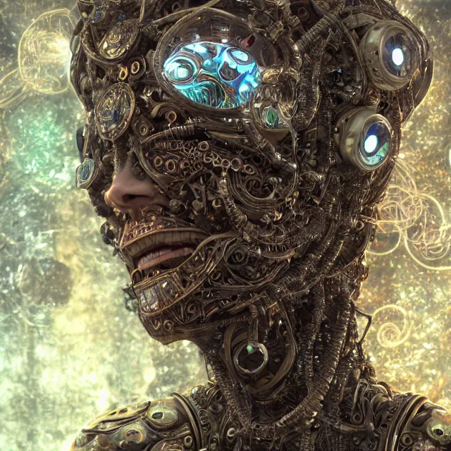 Image similar to timeless cybernetic deity with circuitry skin and networked mind tripping on acid, intricate detail, royo, whealan, giger, klimt, hd, octane render, unreal engine,