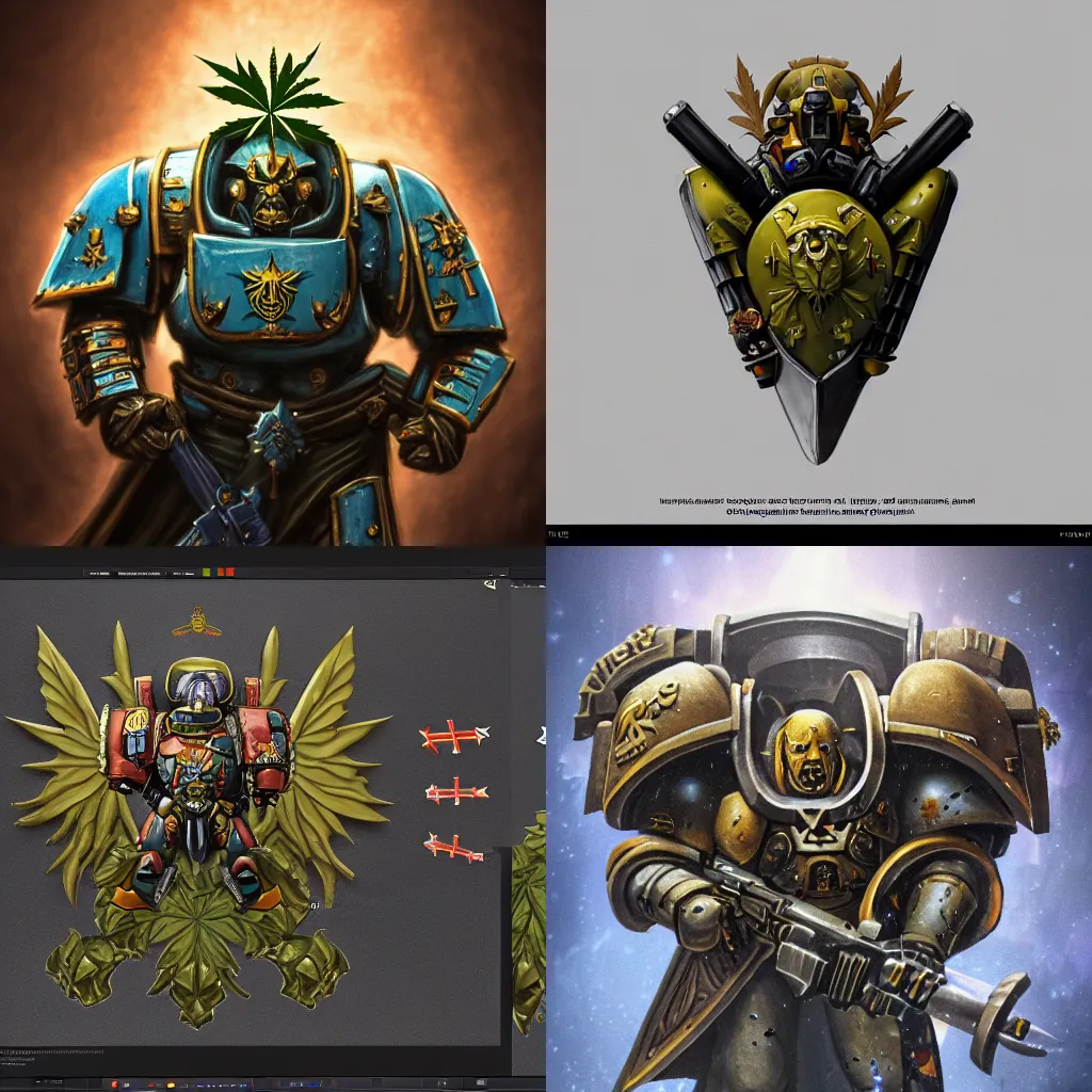 Prompt: concept art of a warhammer_40k!! space_marine!! with cannabis_leafs!! as coat of arms. cinematic lighting, professional photography, sharp focus, ((octane render)), highly detailed, very realistic, ((photorealistic)), Artstationhd, 8k, award winning on Artstation, hyper detailed, hyper realistic.