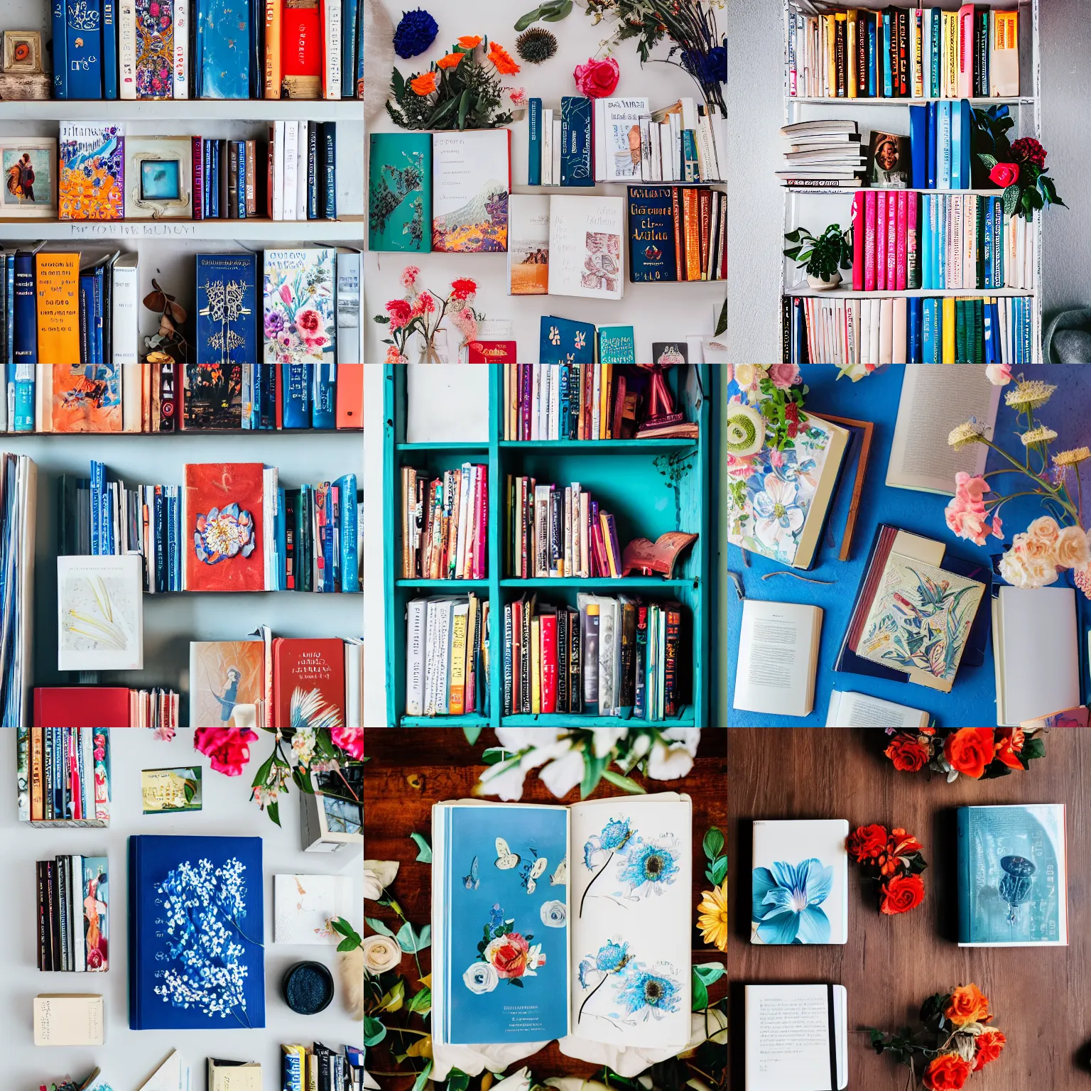 Prompt: flatlay book collection, vivid colors, dramatic lighting, white and blue flowers