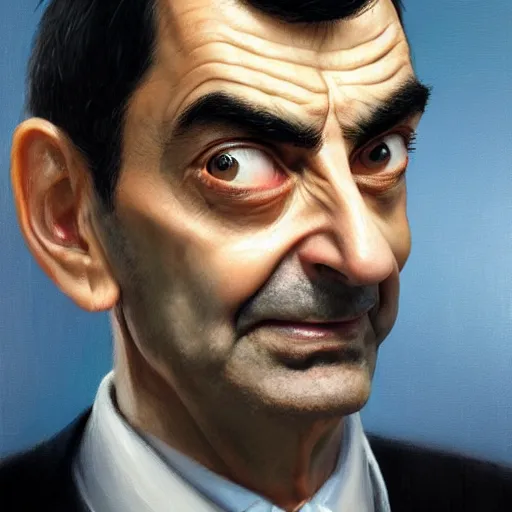 Image similar to hyper realistic, close up portrait of mr. bean by greg rutkowski, scott m fischer, artgerm, loish, slight glow, atmospheric