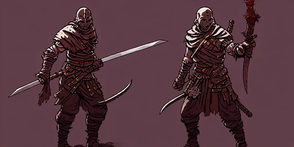 Prompt: warrior character design, idle pose, sword, sprite, darkest dungeon, pc game, sideview, art by moebius and greg rutkowski.