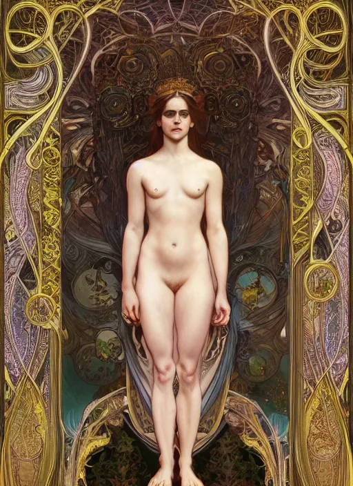 Image similar to Emma Watson as God of Beautifully, full body shot, cute, fantasy, intricate, elegant, highly detailed, digital painting, 4k, HDR, concept art, smooth, sharp focus, illustration, art by alphonse mucha,artgerm, H R Giger