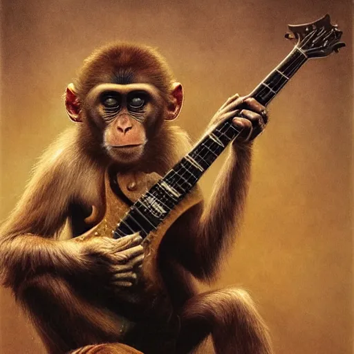 Image similar to Realistic Monkey playing Rudolph Schenker's guitar, by Antonio Caparo and Ferdinand Knab and Greg Rutkowski UHD photorealistic trending on artstation