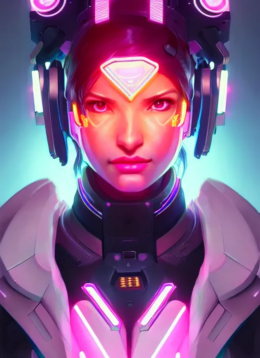 Image similar to symmetry portrait of dva from overwatch, closeup, sci - fi, tech wear, glowing lights intricate, elegant, highly detailed, digital painting, artstation, concept art, smooth, sharp focus, illustration, art by artgerm and greg rutkowski and alphonse mucha