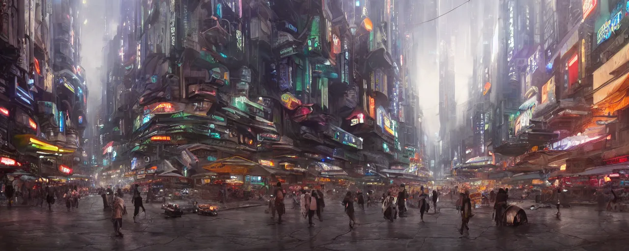 Image similar to street level view of a futuristic bladerunner market and trading post at the center of a large advanced metropolis busy with activity lots of market signs aliens and people with a floating cars on the streets by craig mullins, neil blevins, dylan cole, james paick, hyper realistic, night, environment fog, cinematic lighting, 8 k, vray render, artstation, deviantart,