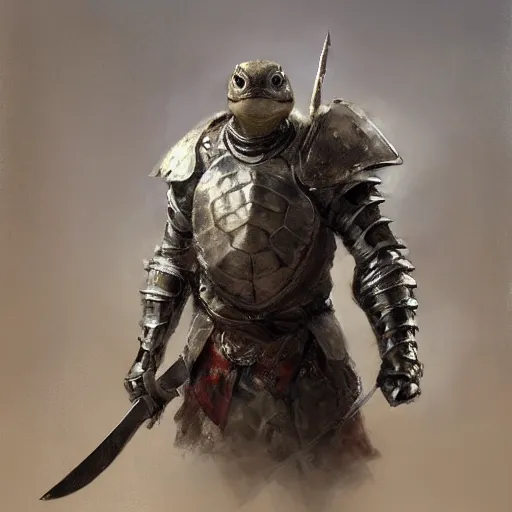 Prompt: portrait of a turtle as a mighty warrior wearing silver armor, holding sword, by craig mullins, jeremy mann.