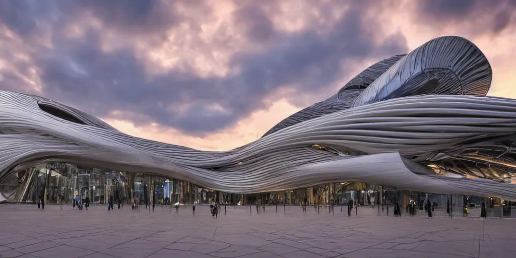 Image similar to extremely detailed ornate stunning sophisticated beautiful elegant futuristic museum exterior by Zaha Hadid, Milan buildings in the background, smooth curvilinear design, stunning volumetric light, stainless steal, concrete, translucent material, beautiful sunset, tail lights