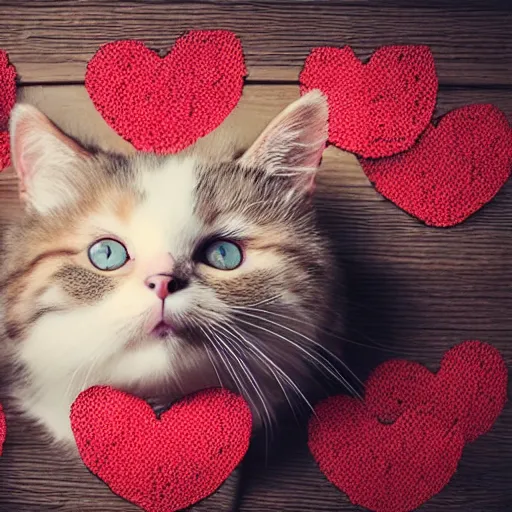 Prompt: cute cat falling in love with hearts around her head, 4k