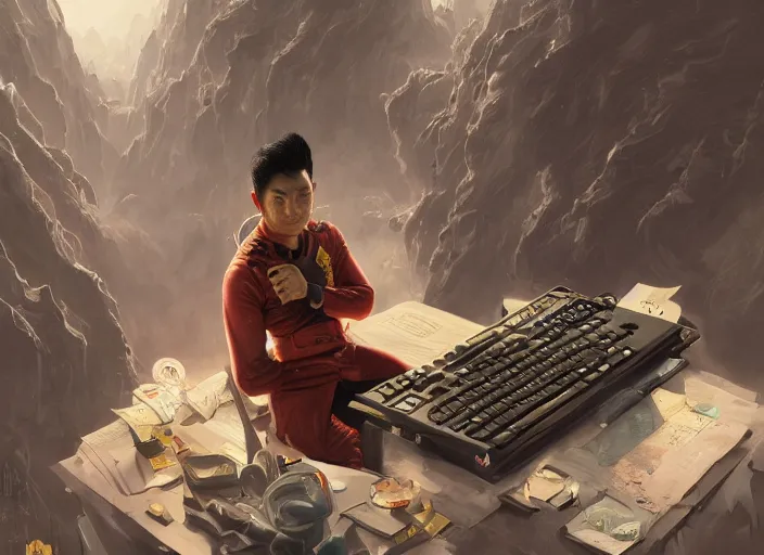 Image similar to an insanely detailed painting of an asian man wearing a homemade superhero costume, sitting at a desk, staring seriously at the computer and typing, in the style of peter mohrbacher, dramatic lighting and composition, surreal background, octane render, pixar, trending on artstation, concept art, comic book, view from behind, 8 k