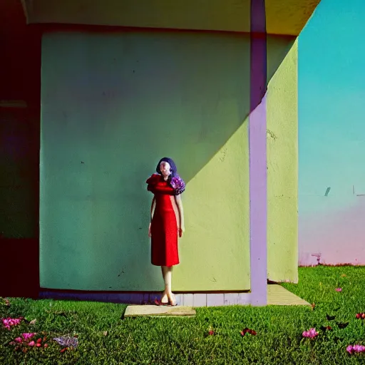 Prompt: giant flower head, full body, girl standing by 1 9 6 0 house, surreal photography, symmetry, mid century, flat light, bright colours, blue sky, realistic, wes anderson