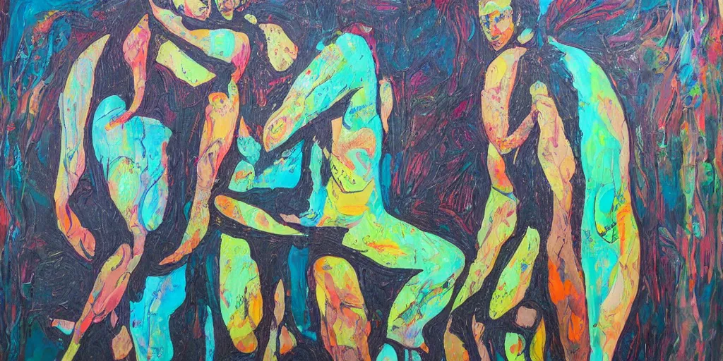 Prompt: “art in an Australian artist’s apartment, lesbian embrace, organic, female forms, national Art School MFA, Eora, Gadigal, sacred feminine, lesbian, Australian bush, womanhood, acrylic on canvas, blackstick, spray paint”