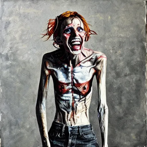 Image similar to death-camp-survivor-super-skinny-emaciated-horribly-skinny-Laughing-Cheerfully painting by Thomas-Montacellinio