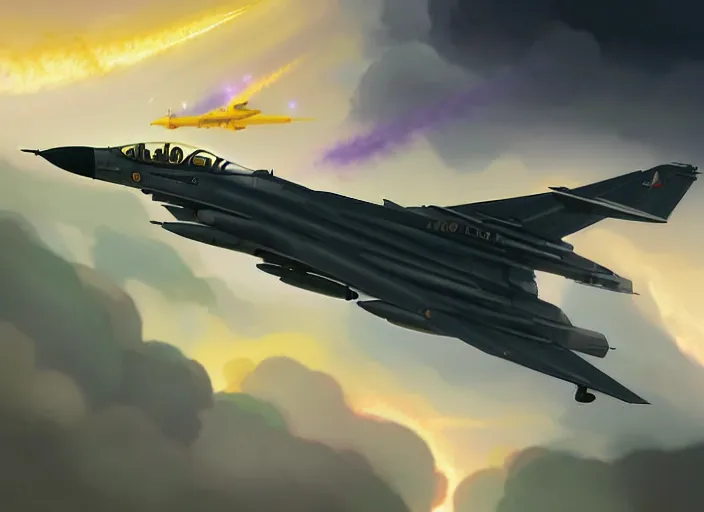 Prompt: portrait of figther jet evading, smoky sky background, lush landscape, illustration concept art anime key visual trending pixiv fanbox by wlop and greg rutkowski and makoto shinkai and studio ghibli and kyoto animation, us airforce, f 1 6, panavia tornado, symmetrical, chaffs and flares, white missiles trails