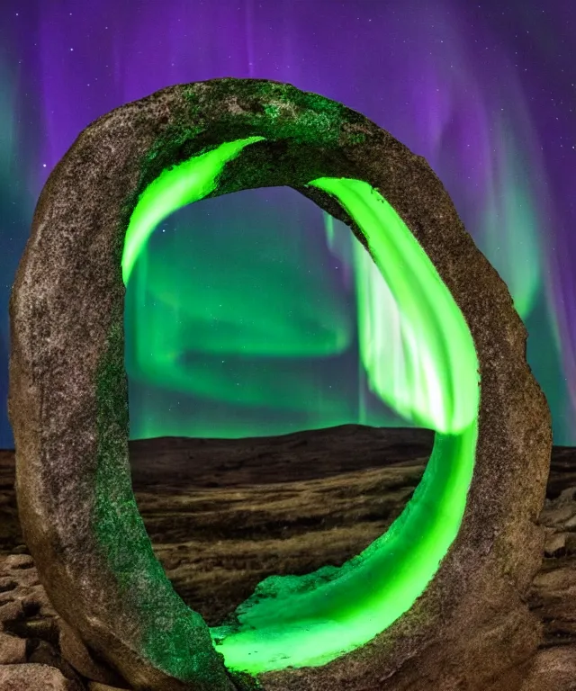 Image similar to stone gateway to another portal, green spiral light, aurora borealis, symmetrical, center focus, 2 0 0 mm, photorealistic