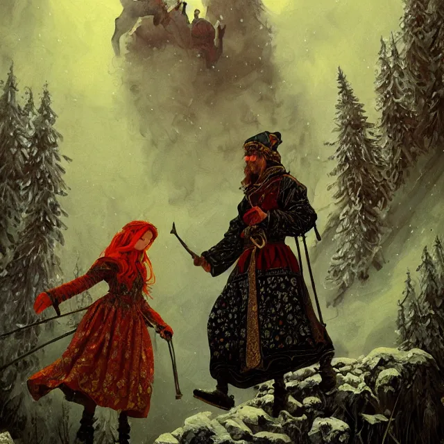 Image similar to russian folk fairytale, story, fable, dramatic, fantasy art, an ultrafine detailed painting, academic art, ornate, inticate, elegant, sharp focus, artstation, by pavel korin, viktor vasnetsov