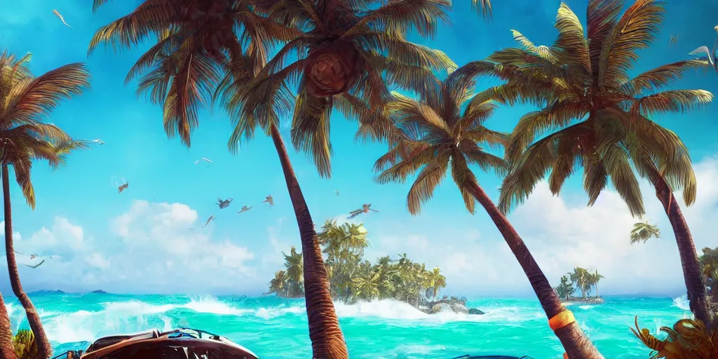Prompt: the most beautiful tropical island, big waves, seashore, flowers, palmtrees, animals, bokeh, godrays, highly detailed, lowbrow, cinematic, artstation