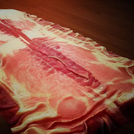 Image similar to the shroud of turin made of bacon, photography, 8 k, highly detailed, ultra realistic, path traced