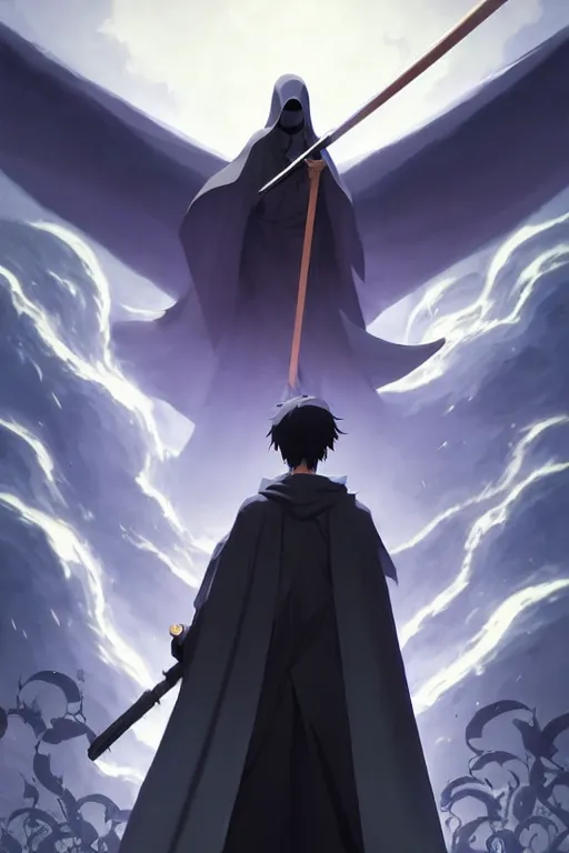 Prompt: video game cover, grim reaper dressed with a cape surrounded by demons, mid view, design on a white background, by studio muti, greg rutkowski makoto shinkai takashi takeuchi studio ghibli