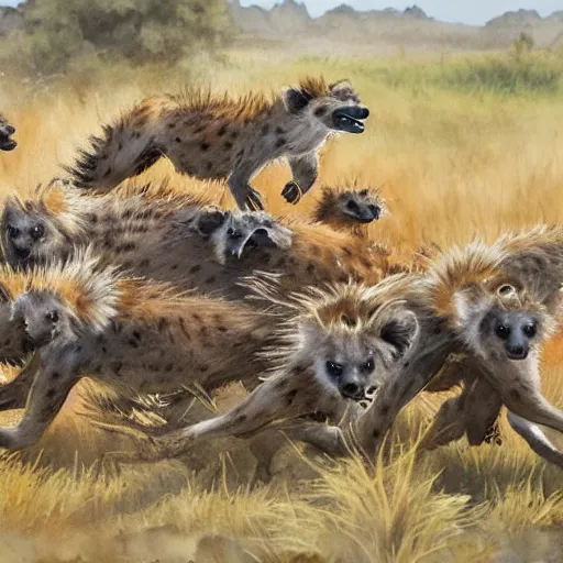 Image similar to a clan of hyenas running down savannah chasing prey, watercolor painting, highly detailed, fine art, realistic, dynamic lighting, rich colors