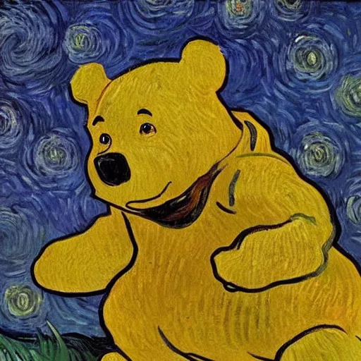 Prompt: A painting by Vincent van Gogh of titan winnie the pooh towering