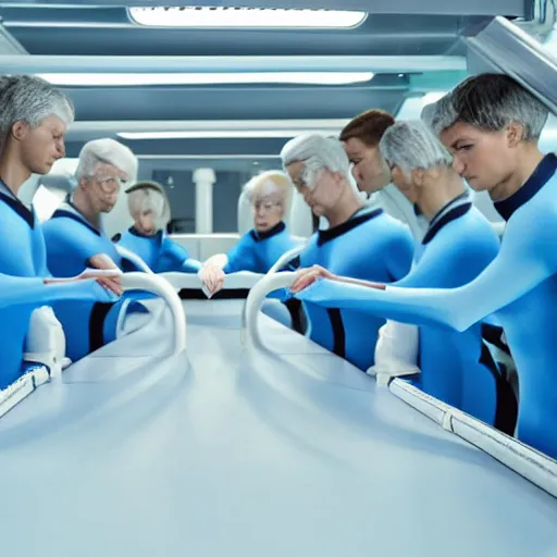 Prompt: group of athletic humans with light blue neoprene suits and white hair standing in tight formation on a conveyor belt, futuristic laboratory, sci - fi, highly detailed, hyperrealistic