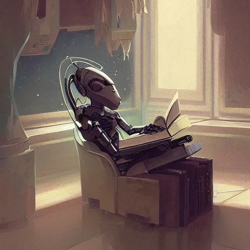 Image similar to a robot reading a book, highly detailed, digital painting, artstation, concept art, sharp focus, illustration, art by eddie mendoza and greg rutkowski and alphonse mucha