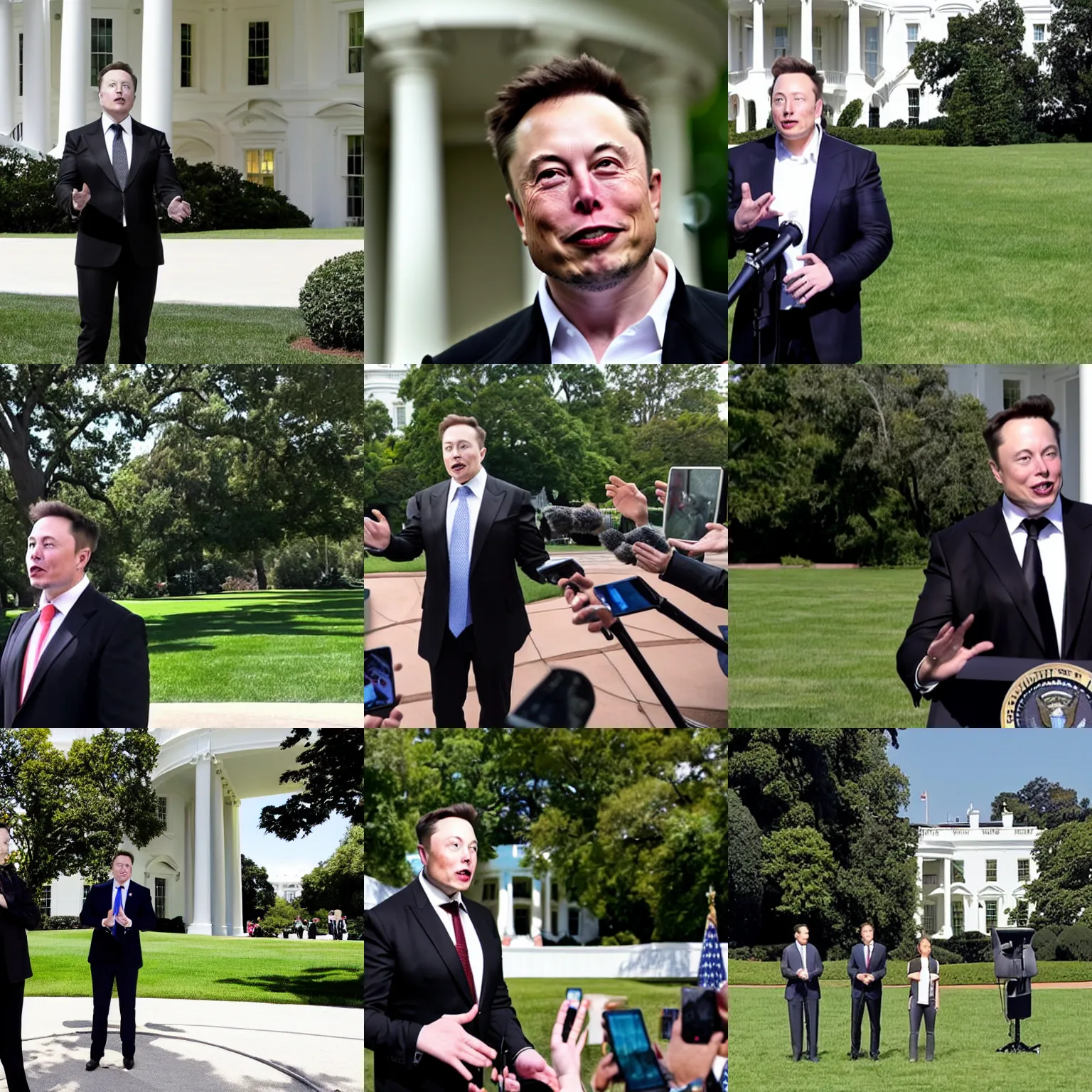 Prompt: elon musk as the president of the united states speaking to reporters on the white house lawn
