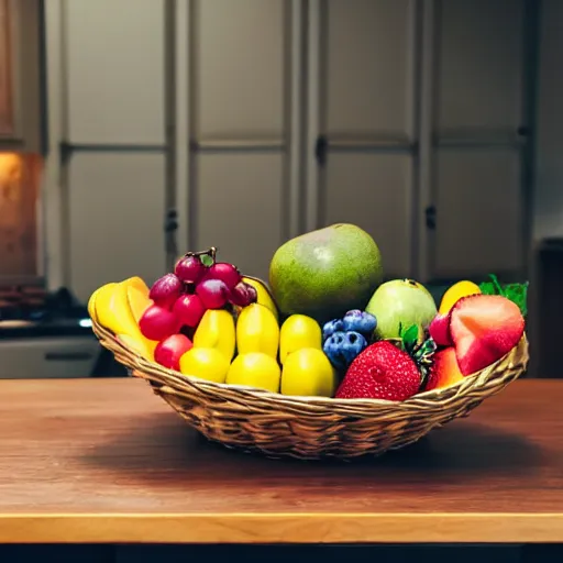 Prompt: a fruit basket on top of a kitchen table, cinematic