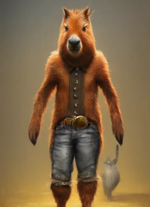 Image similar to detailed full body concept art illustration fuzzy oil painting of an anthropomorphic capybara cowboy in intricate clothing, biomutant, ultra detailed, digital art, octane render