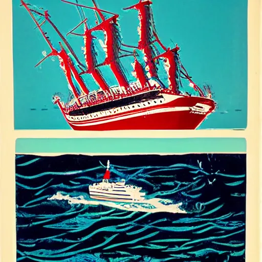 Prompt: A giant squid destroying a cruise ship in the middle of the ocean, by Andy Warhol