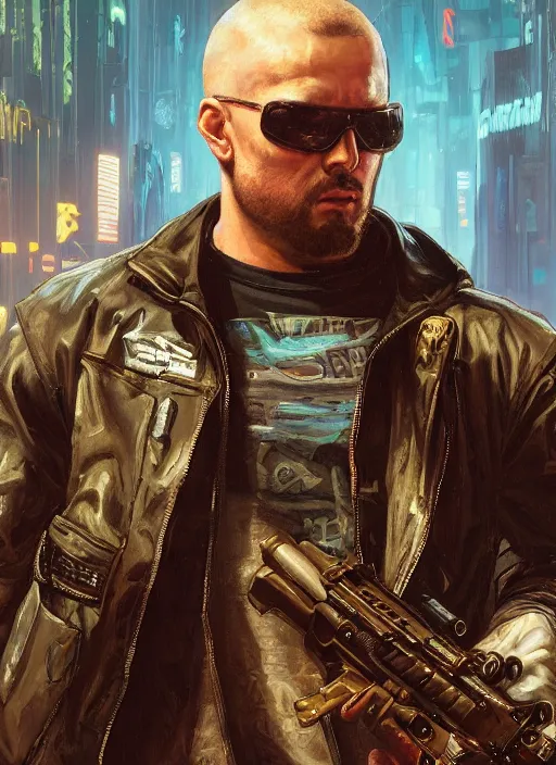 Prompt: big mike. cyberpunk Thug wearing a military vest and combat gear. (Cyberpunk 2077, bladerunner 2049). Round face. Iranian orientalist portrait by john william waterhouse and Edwin Longsden Long and Theodore Ralli and Nasreddine Dinet, oil on canvas. Cinematic, hyper realism, realistic proportions, dramatic lighting, high detail 4k