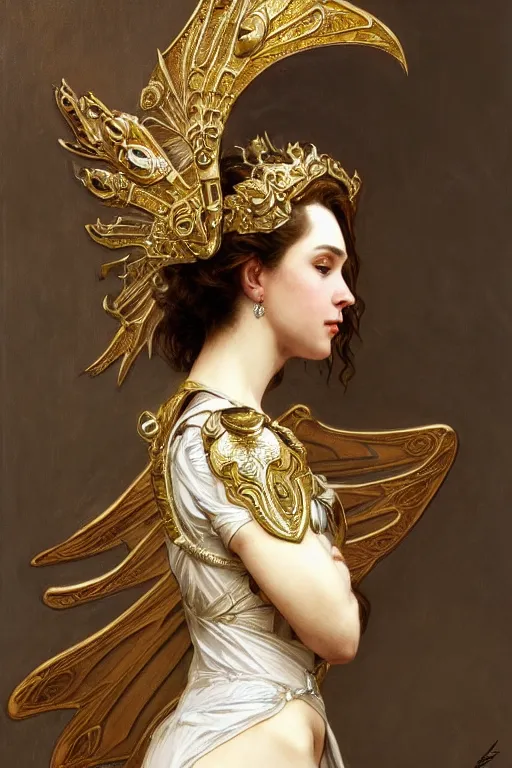 Image similar to full body portrait of a queen wearing white armor with ornate bronze and gold, white gossamer wings, art nouveau, profile, 4K, character concept art, oil painting, trending in artstation, cgsociety, by nekro, Alphonse Mucha, Artgerm, William-Adolphe Bouguereau, Greg Rutkowski