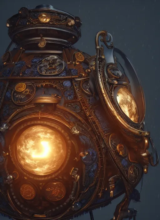 Image similar to steampunk lavalamp, intricate detail, volumetric lighting, epic composition, hyper detailed, ultra realistic, sharp focus, octane render, blue moon, volumetric, ray tracing, artstation trending, cgsociety, sense of awe, swirling mist, 4 k