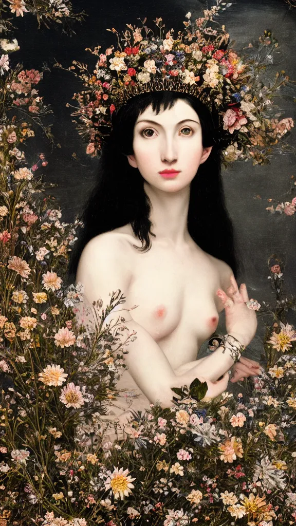 Image similar to a closeup portrait of a beautiful black haired woman with pale skin and a crown on her head sitted on an intricate metal throne, in an infinite landscape of flowers, photograph by caravaggio, canon eos c 3 0 0, ƒ 1. 8, 3 5 mm, 8 k, medium - format print