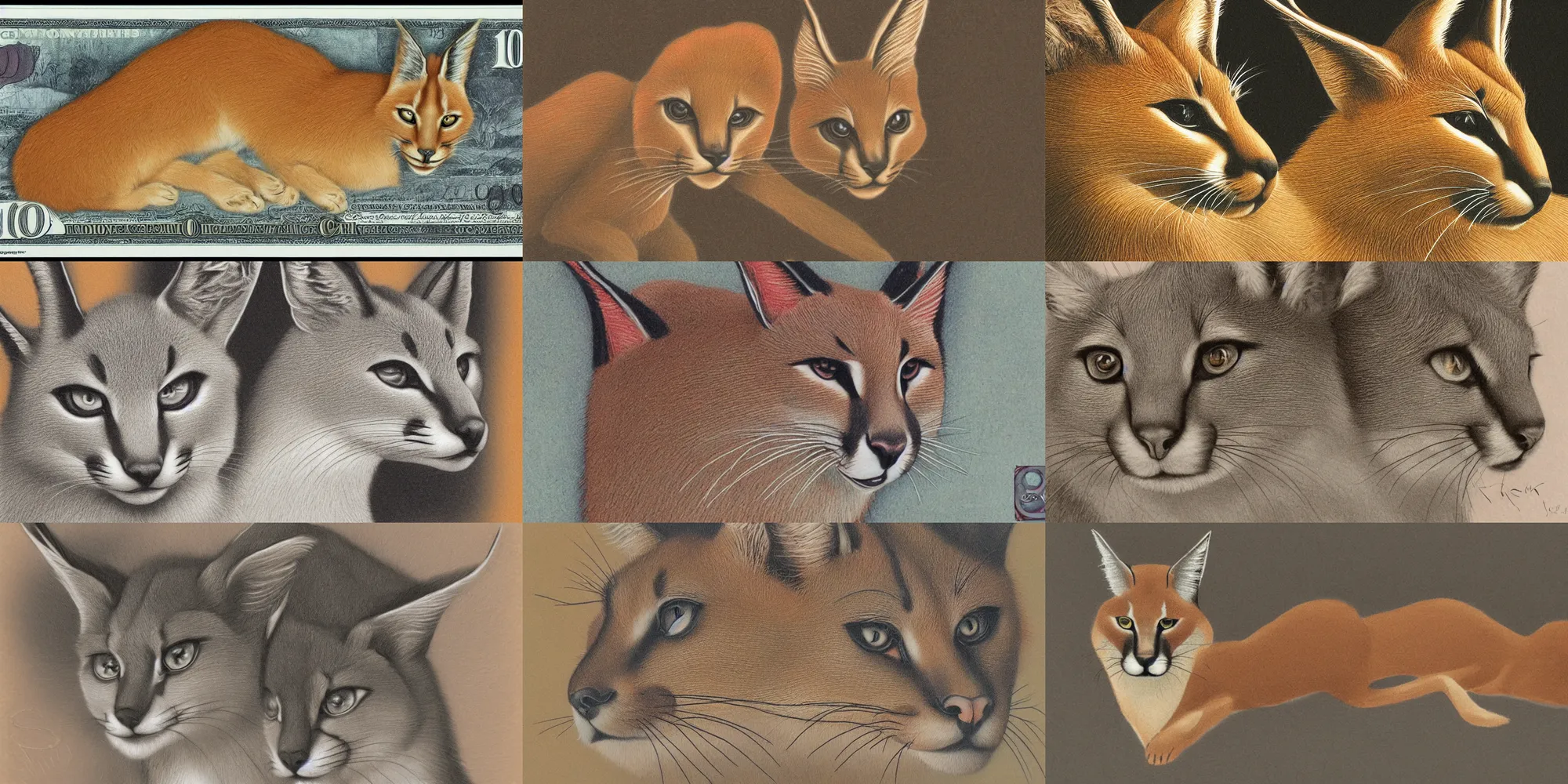 Prompt: cute caracal at $100 bill, banknote, intaglio style, macro, photo realistic, studio light