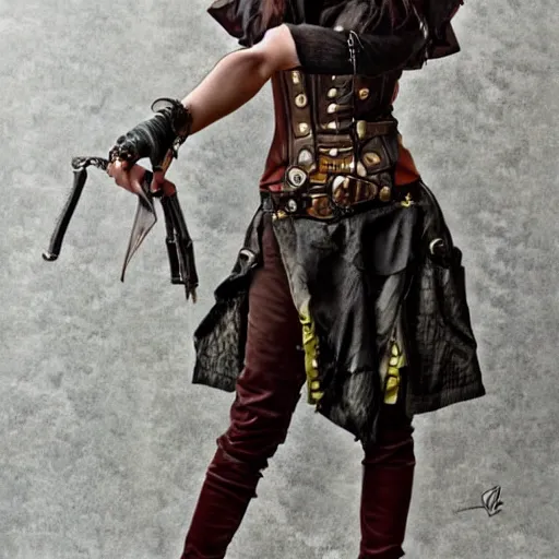 Image similar to full body photo of a skinny female steampunk warrior