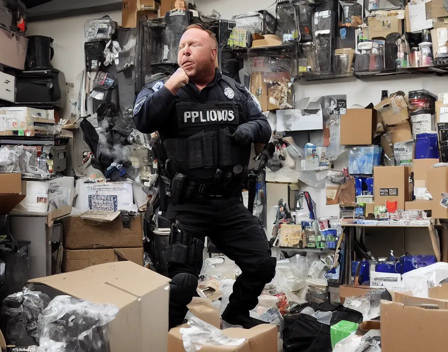 Prompt: Alex Jones in his garage office INFOWARS studio Alex Jones fighting SWAT police, surrounded by boxes of herbal supplements and trash, a group of SWAT police, tear gas and smoke, detailed photograph high quality