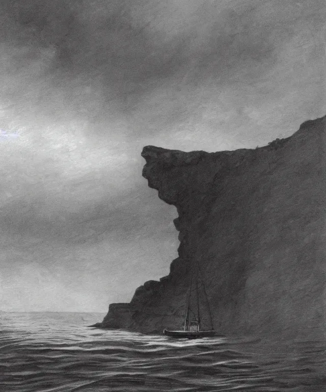 Image similar to photorealistic sepia painting of a 1 9 2 5 bay boat sailing near a jamaican cliff with the mouth of a sea cave at the waterline, dark, brooding, atmospheric, lovecraft, horror, smooth, epic, highly detailed, cinematic