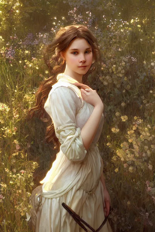 Image similar to beautiful cottagecore young peasant maiden, innocent, intricate, elegant, highly detailed, digital painting, artstation, concept art, smooth, sharp focus, illustration, art by artgerm and greg rutkowski and alphonse mucha