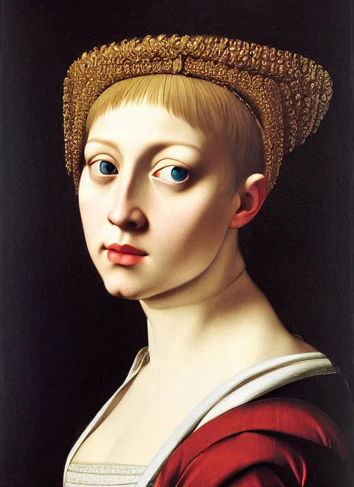 Prompt: portrait of young woman in renaissance dress and renaissance headdress, blue eyes and blond hair, style by the caravaggio