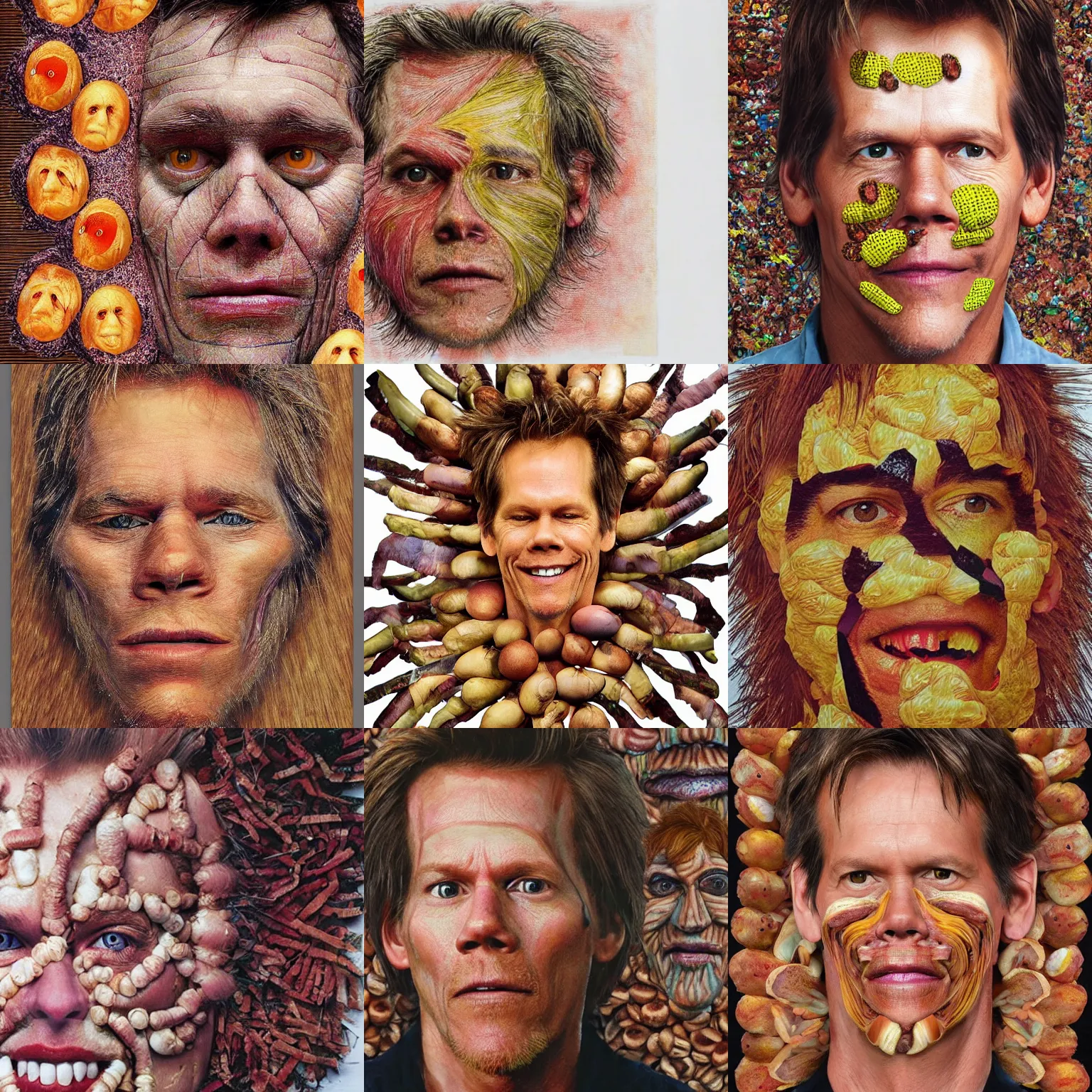 Prompt: a photo of kevin bacon, his face is made of overlapping bacon, eyes made of eggs, by arcimboldo