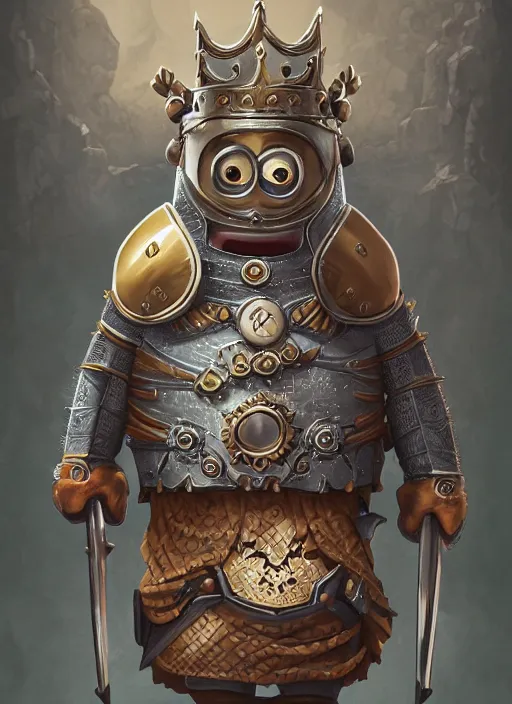 Image similar to Minion Bob as a Knight King, funny pose, fantasy art, intricate, ornate, Hyperdetailed, digital art, behance, artstation, smooth, illustration, digital painting, elegant, symmetrical,