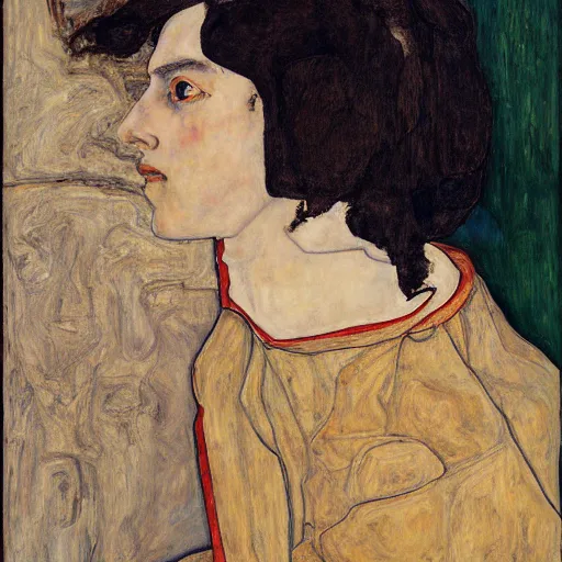 Prompt: a highly detailed painting by egon schiele of a young woman with black hair having an existential crisis in the centre of rome, 4 k